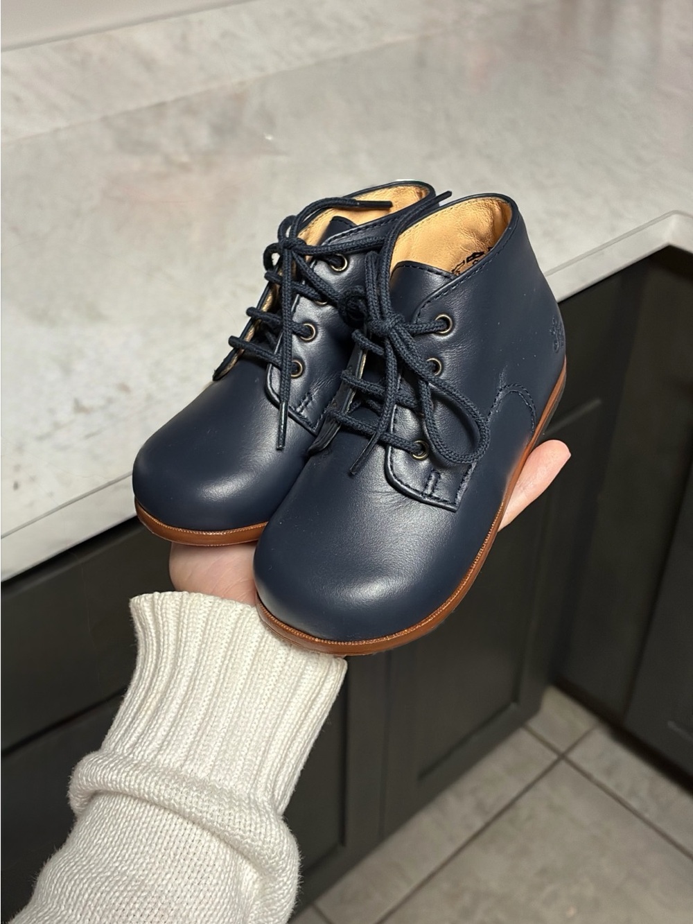 Tartine et Chocolat Navy Leather Lace-Up Baby Booties with Brown Sole